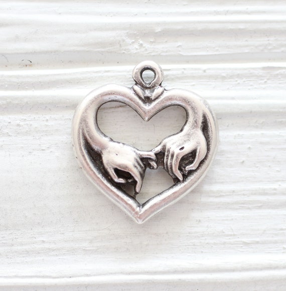 Heart pendant, silver double sided heart pendant with holding hands, Valentines day, love pendant, valentines day gift, friendship pendant