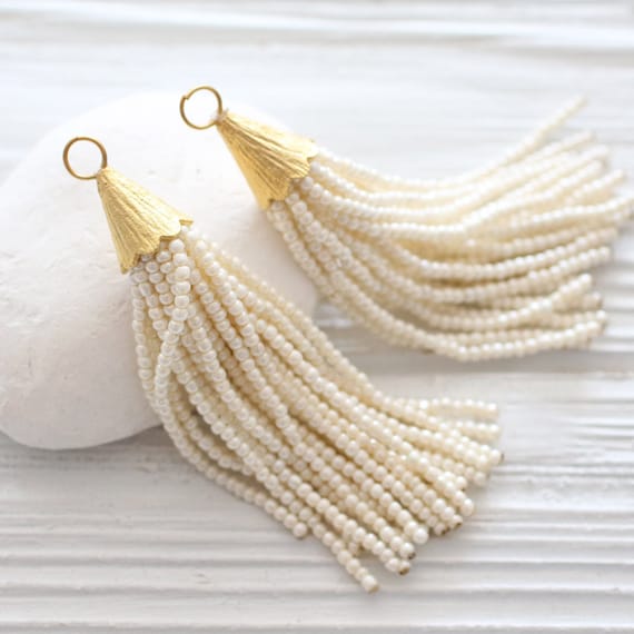 Ivory beaded tassel, short pearl bead tassel, off white, pearl seed bead, gold cap tassel, ivory earrings tassel,necklace tassel pendant,N26