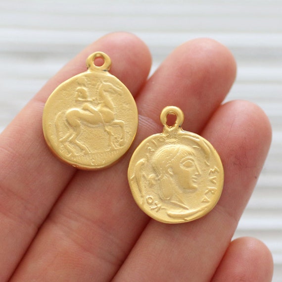 2pc Greek coin charms, gold coin pendant, gold coin dangles, earrings charm, replica Greek coins, coin pendant, ancient coin, necklace charm