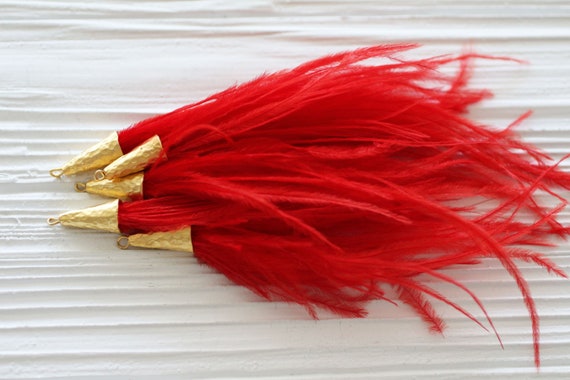 Red feather tassel, red tassel, crimson red, feather earrings tassel, jewelry tassels with gold cap, necklace tassel, purse tassel charm,N27