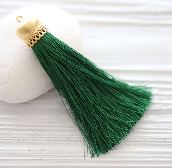 Green silk tassel with gold cap, emerald, kelly green, long silk tassel, tassel pendant, jewelry tassel, mala tassel, N40