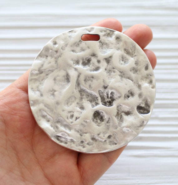 Hammered silver pendant, big round pendant, metal necklace pendant dangle, medallion pendant, silver tribal pendant,rustic statement pendant