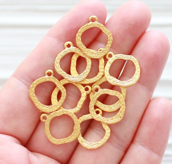 10pc organic round charms, gold earrings dangle, matte gold hammered charms, bracelet charms for DIY jewelry designs, necklace charms