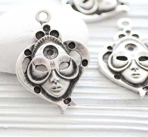 Mask pendant for masquerade ball, mask pendant silver, abstract pendant, silver face mask, large mask, mask dangle pendant,medallion pendant