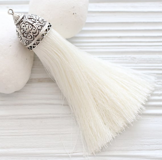 Extra large ivory silk tassel with rustic silver tassel cap, thick silk tassel, jewelry tassel, knob decor tassel,necklace tassel pendant,N2