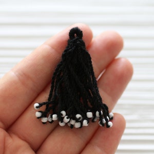 Black tassel with white glass beads, earrings tassel, tassel pendant, black and white tassel, black tassel, necklace tassel, cotton mix, N8 image 3