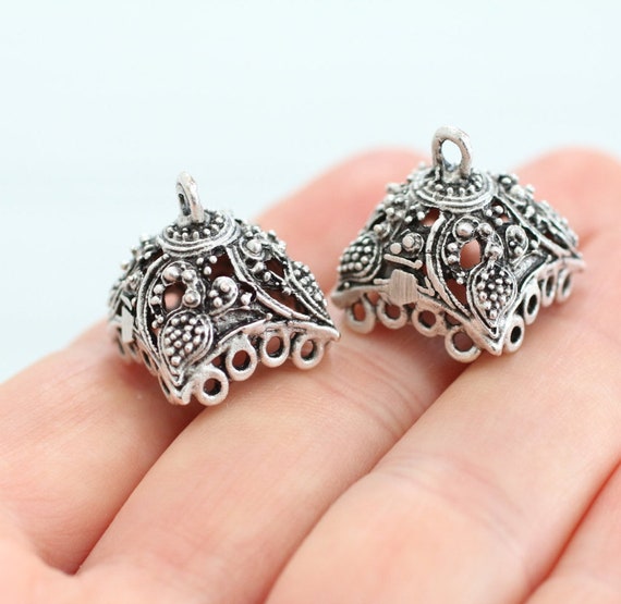 2pc filigree bead caps, silver tassel cap, bead cones, end caps, unique cones, filigree tassel cap, ornate tassel cap, silver end caps