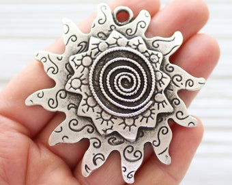Sun pendant, abstract pendant, large silver pendant, spiral pendant silver, sun medallion, silver medallion, celestial focal pendant silver