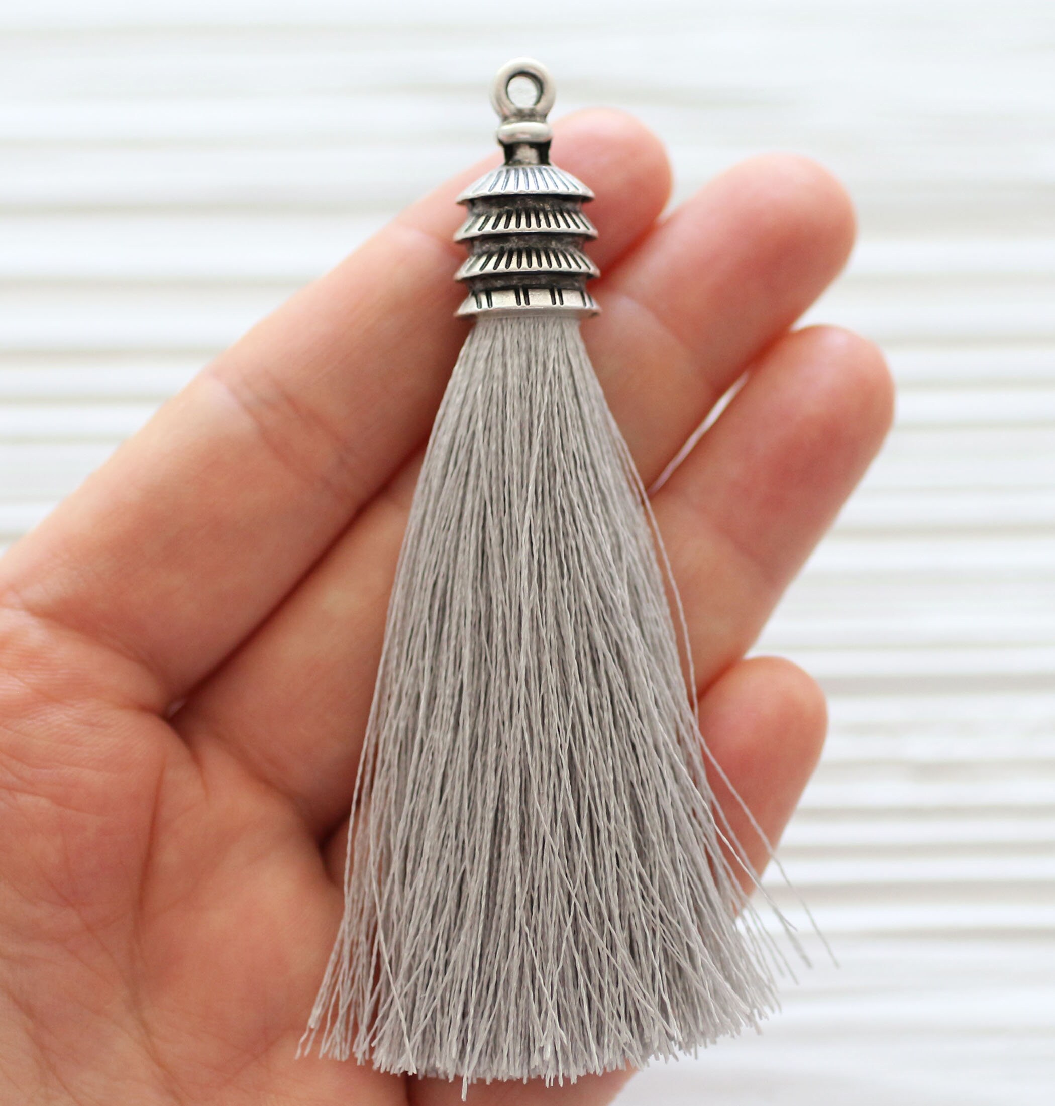 Light Grey Silk Tassel With Silver Cap Gray Necklace Tassel Etsy