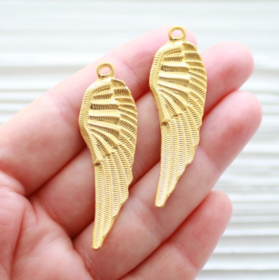 2pc angel wings necklace findings, earrings drop charms, necklace dangles, fairy wings in gold, angel wing charms