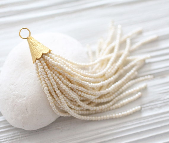 IVORY PEARL Bead Tassel Pendant chs3075 4.25" long glass pearl beads w/pave IVORY PEARL Bead Tassel Pendant chs3075 4.25" long glass pearl beads w/pave