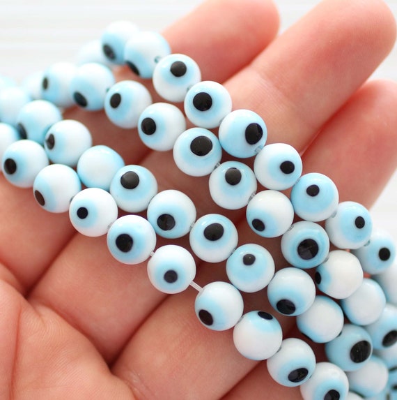 15pc, 50pc, 8mm white evil eye beads, round glass beads, lamp work, round evil eye beads, DIY bracelet beads, good luck beads, white evileye