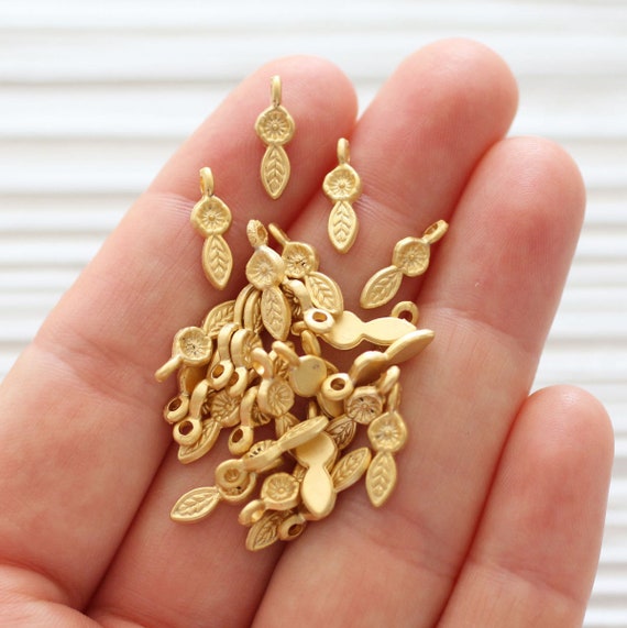10pc gold flower charm, leaf dangles, leaf charms, earrings charm gold, bracelet charms, necklace charms, tribal charms, gold floral charms