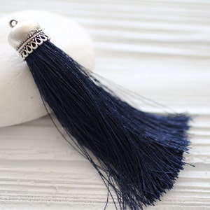 Navy blue silk tassel with silver cap, tassel, long tassel pendant, large navy tassel, jewelry tassels, mala tassel,navy necklace tassel,N17