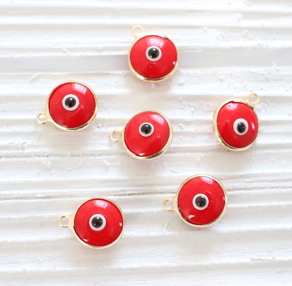 5pc red evil eye charms,  good luck beads, evil eye beads, necklace earrings bracelet charms, evil eye pendant, evileye, gold bezel evil eye