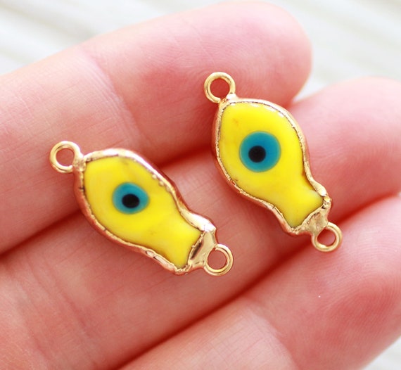 2pc evil eye connector, yellow evil eye, fish charm, glass, animal beads, earrings charms, gold, necklace dangle, bracelet connector