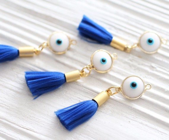 2pc cobalt blue tassel charm with evil eye, evil eye pendant, necklace earrings dangle, good luck charm, white evil eye, navy tassel