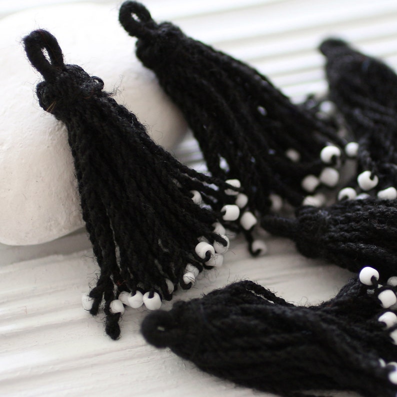 Black tassel with white glass beads, earrings tassel, tassel pendant, black and white tassel, black tassel, necklace tassel, cotton mix, N8 image 4
