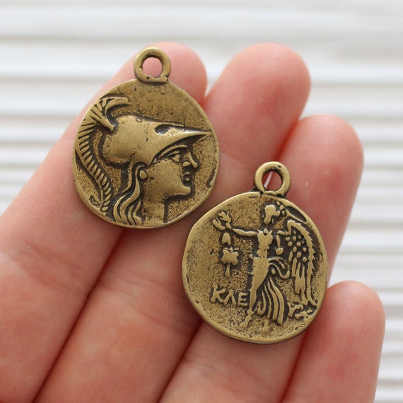 2pc coin pendant, Greek coin charms, antique gold coin charms, coin dangles, earrings dangle, replica Greek coins, ancient coin pendant