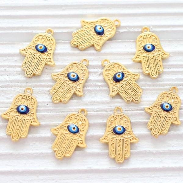 3pc Hamsa charm with evil eye, bracelet charms, evil eye charm, mini Hamsa, hand of Fatima, earring charms, gold charms, tiny Hamsa pendant