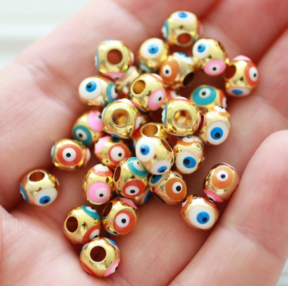 5pc evil eye beads, spacer beads, metal, gold bead spacers, DIY earrings  beads, rainbow lucky beads, necklace beads, bracelet slider beads