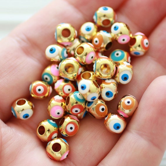 5pc evil eye beads, spacer beads, metal, gold bead spacers, DIY earrings beads, rainbow lucky beads, necklace beads, bracelet slider beads