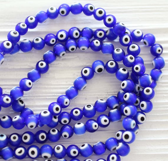 45pc, 1 strand+, 8mm blue evil eye beads, round glass beads, lamp work, round evil eye beads, DIY beads, navy evil eye, good luck beads