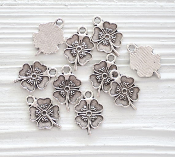 10pc four leaf clover charms silver, earring charms, 4 leaf clover, bracelet charms, metal charms, necklace charms. DIY jewelry charms