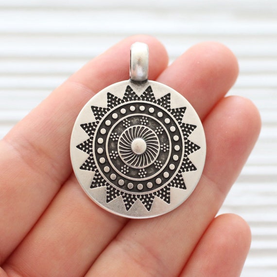 Round pendant, tribal pendant silver, silver medallion, tribal medallion, big pendant, large hole pendant, rustic findings, pendant dangle
