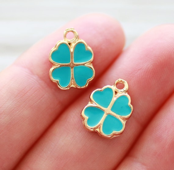 2pc, clover charm, four leaf clover, heart charm, gold Summer charms in blue, necklace, bracelet, earrings dangle, enamel floral pendant