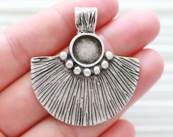 Silver chandelier pendant with bezel, tribal pendant, rustic, boho pendant, large hole findings, hammered metal pendant