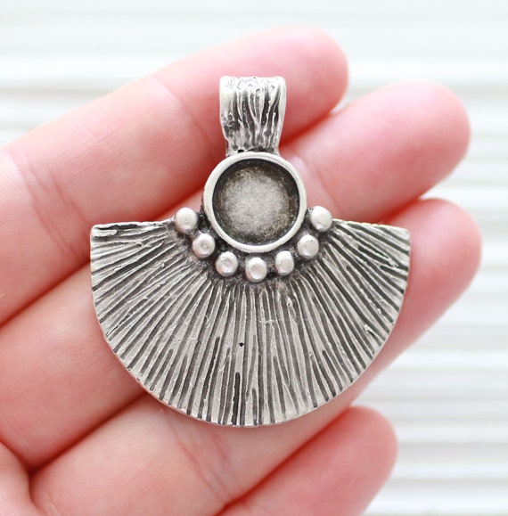 Silver chandelier pendant with bezel, tribal pendant, rustic, boho pendant, large hole findings, hammered metal pendant