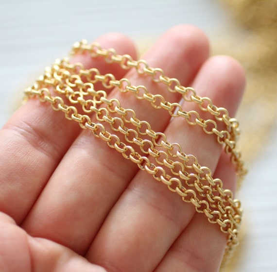 3.3 feet 4mm gold rolo chain, 24K gold plated rolo chain, chain, matte gold chain, rolo chain, gold chain, necklace chain, jewelry chain