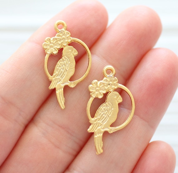 2pc bird earring charms, chandelier filigree earrings findings, dainty parrot pendant gold, filigree jewelry findings, cute animal charms