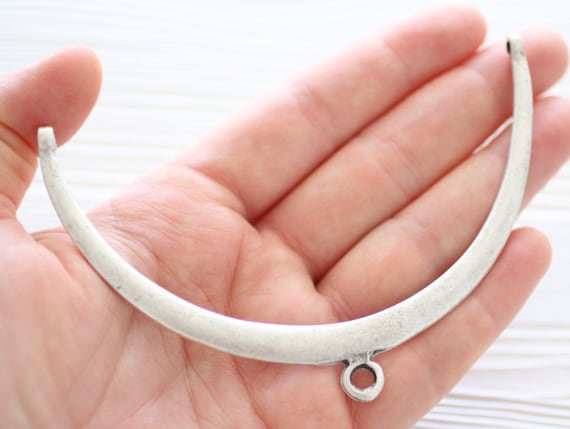 Collar necklace, large connectors, crescent, half moon pendant, metal collar, bar connector, necklace bar, silver crescent connector