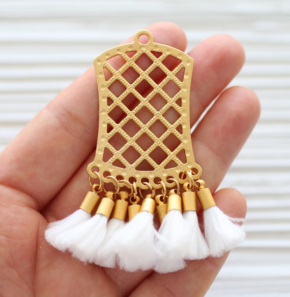 Tribal tassel pendant, filigree pendant with white tassels, earrings dangle pendant, white tassel charm gold, filigree findings