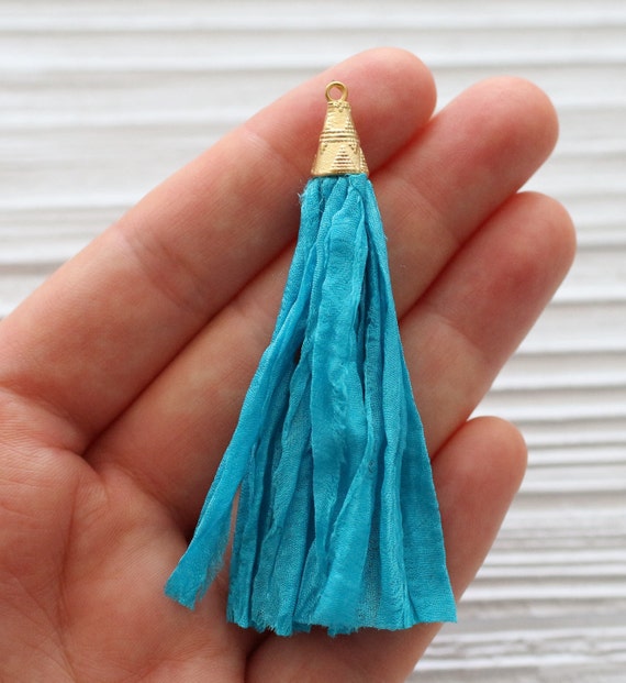 Turquoise blue sari silk tassel, large sari silk tassel, sari silk, gold cap sari silk tassel, silk tassels, silk necklace tassel, aqua, N28
