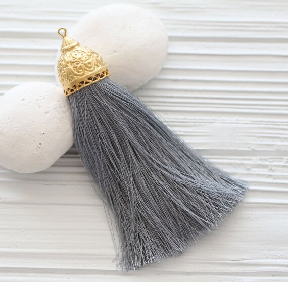 Grey silk tassel with rustic gold tassel cap, extra large thick silk tassel, tassel with cap, gray, necklace tassel pendant, home decor, N37