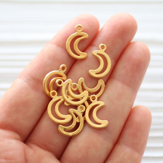 10pc gold crescent charm, mini crescent moon pendant, bracelet charms, half moon, matte gold, unique earrings charm dangle, cut out