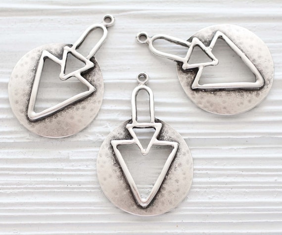 Tribal triangle pendant, silver pendant, hammered pendant, geometric pendant, rustic pendant, boho large pendant, unique statement pendant