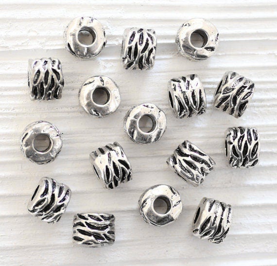 5pc large silver barrel beads, tribal rustic beads, large hole beads, silver spacers, bracelet beads, hammered beads, rondelle, bead spacers