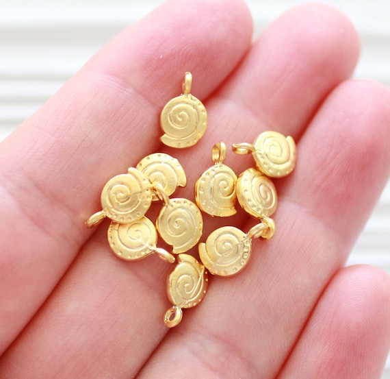 10pc seashell charm, matte gold spiral earrings charms, bracelet charms, gold charms, sea shell dangle pendant, sea charms, spiral charms
