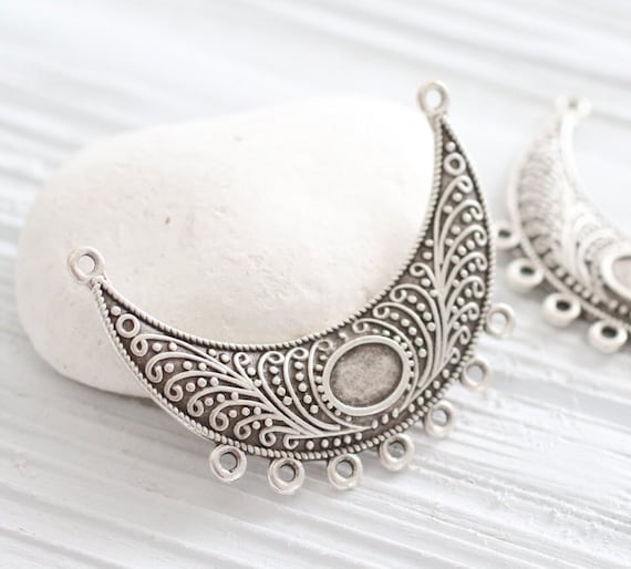 Tribal pendant connector, silver connector, metal collar pendant, crescent, rustic pendant, multi strand connector with bezel