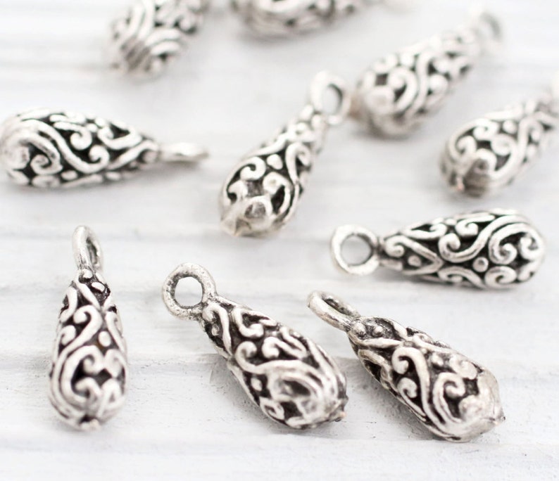 10pc silver filigree teardrop charm, filigree beads, teardrop beads, silver tribal charms, dangle charms, bracelet earring charms,drop charm image 2