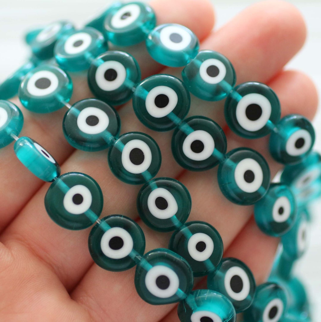 15, 30pc, 12mm Teal Evil Eye Beads, Flat Evil Eye Glass Beads, Lucky