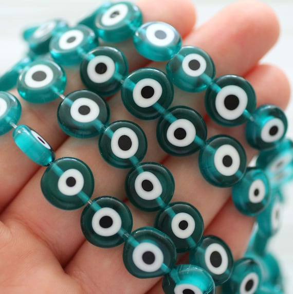 15", 30pc, 12mm teal evil eye beads, flat evil eye glass beads, lucky beads, teal blue round evil eye beads, necklace bracelet beads, EE12