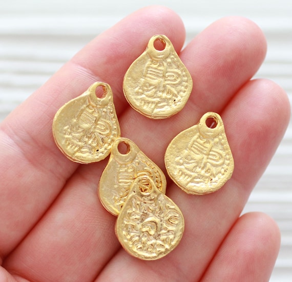 5pc matte gold earring charms, organic shaped round charms, coin charm, bracelet and necklace dangles, old ancient charms for leather