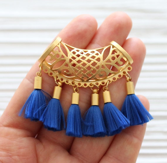 Gold filigree pendant with blue tassels, large gold connector pendant, tassel pendant, filigree findings, dangle pendant, cobalt blue tassel