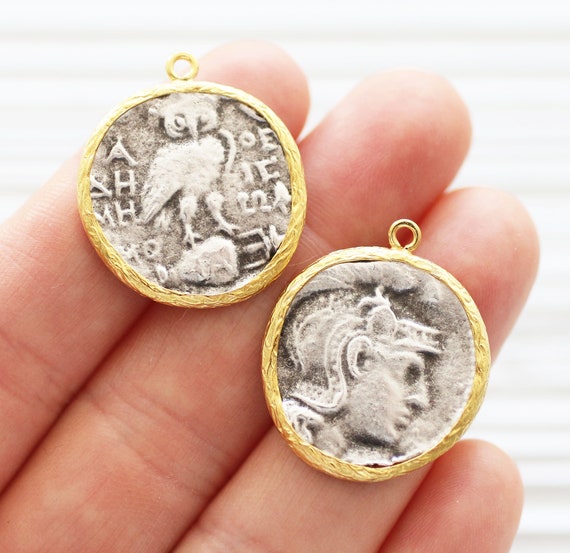 Greek coin pendant, earrings coin charm, gold framed silver coin pendant, coin charm gold, coin dangles,replica Greek coins,ancient coin,N13