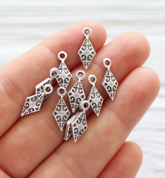 10pc spike charms, stick charms silver, filigree beads, spike dangles, tribal charms, dangle charms, bracelet earring charms, drop charm